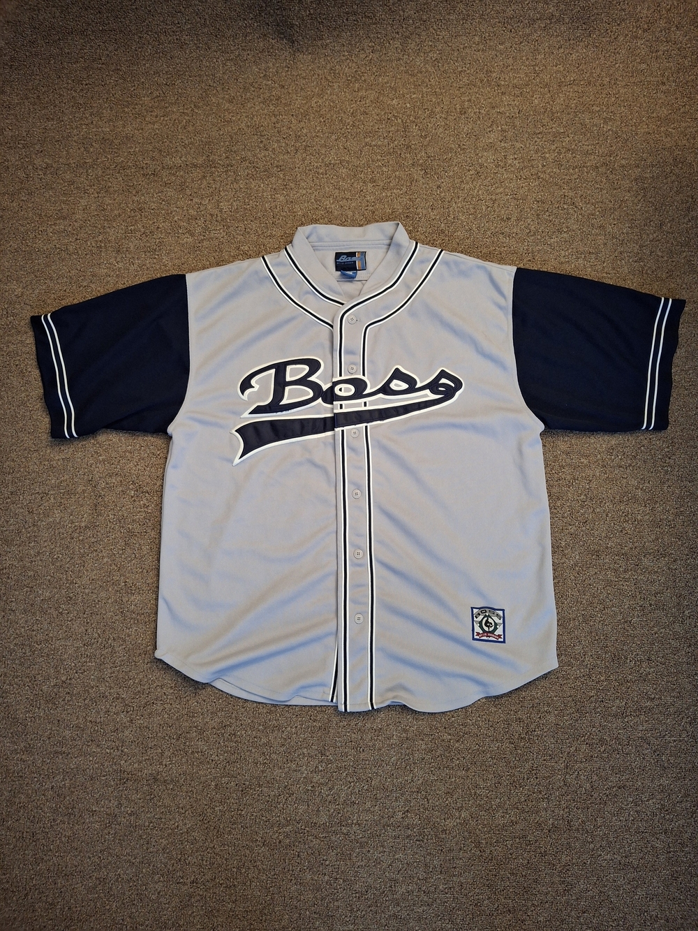 Vintage Mens Boss Baseball Jersey - Gray with Navy Sleeves